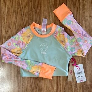NWT Justice Girls Mint Green & Peach Floral Long Sleeve Swim Top